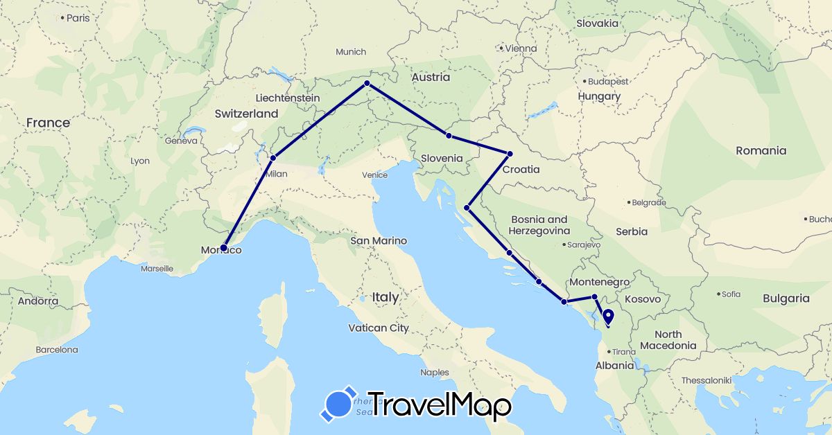 TravelMap itinerary: driving in Albania, Austria, France, Croatia, Italy, Montenegro, Slovenia (Europe)